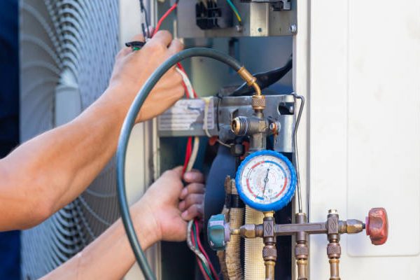 Focus at the pressure gauge, Technician team checking leakage air conditioning system, Air Conditioning Repair man checking and fixing modern air conditioning system